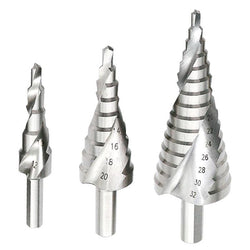 $586.61 - 1Kits, 3pzs No.4 al 12,20,32, Gris, Acero, Broca Escalonada Cónica Espiral, MXSLB-001, Empaque: 8X8X4 cm, 0.094kg, Envío: 0 Días